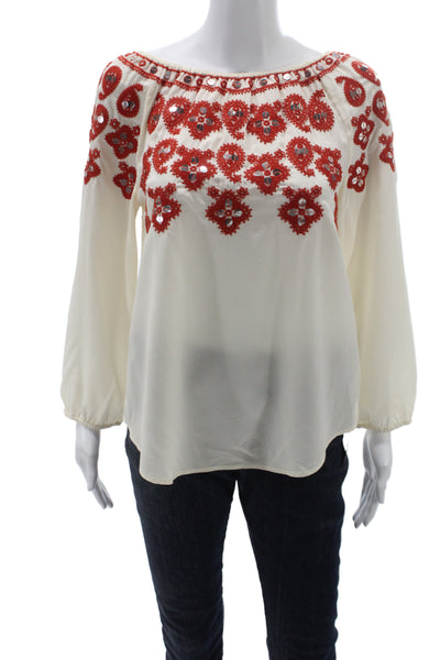 Tory Burch Womens Off Shoulder Silk Paisley Tunic Long Sleeve Ivory Size 6