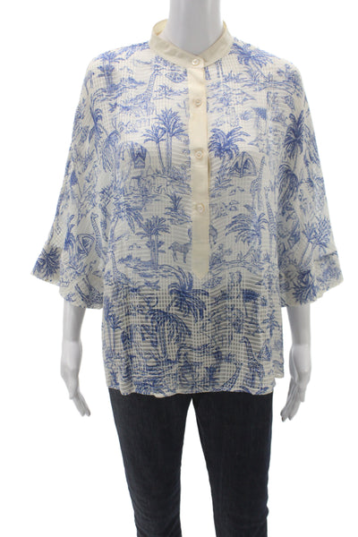 Tory Burch Women Blue Animal Print Collared Tunic Blouse 3/4 Sleeve Size 6