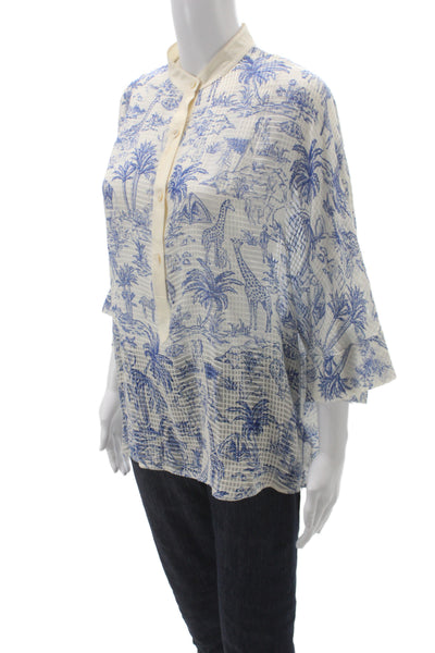 Tory Burch Women Blue Animal Print Collared Tunic Blouse 3/4 Sleeve Size 6