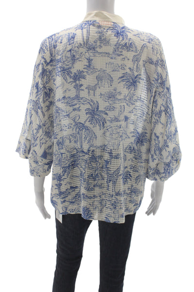 Tory Burch Women Blue Animal Print Collared Tunic Blouse 3/4 Sleeve Size 6