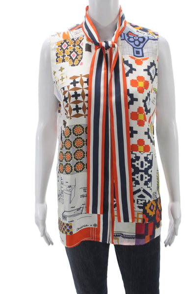 Tory Burch Womens Silk Geometric Collared Tunic Blouse Sleeveless Tie Size 8