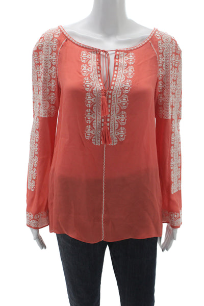 Tory Burch Womens Silk Geometric Orange Tunic Long Sleeve Tie Neck Size 8