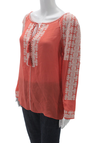 Tory Burch Womens Silk Geometric Orange Tunic Long Sleeve Tie Neck Size 8