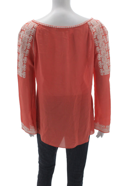 Tory Burch Womens Silk Geometric Orange Tunic Long Sleeve Tie Neck Size 8