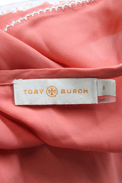 Tory Burch Womens Silk Geometric Orange Tunic Long Sleeve Tie Neck Size 8