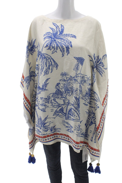 Tory Burch Womens Kaftan Poncho Blue Silk Animal Print Boat Neck Size XS