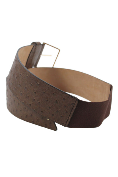 Max Mara Womens Wide Width Ostrich Skin Buckle Belt Brown Gold Tone Size Large