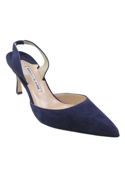 Manolo Blahnik Womens Stiletto Pointed Toe Suede Slingback Pumps Navy Size 41