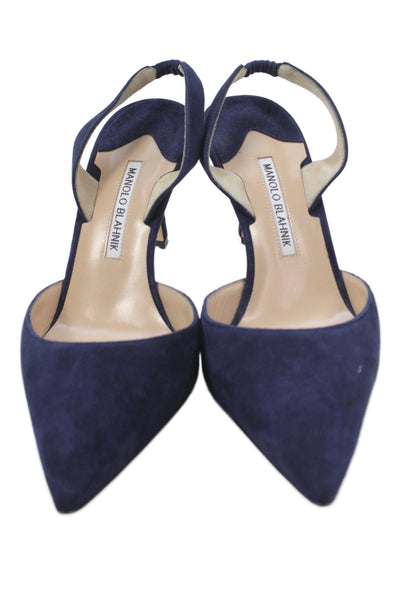 Manolo Blahnik Womens Stiletto Pointed Toe Suede Slingback Pumps Navy Size 41
