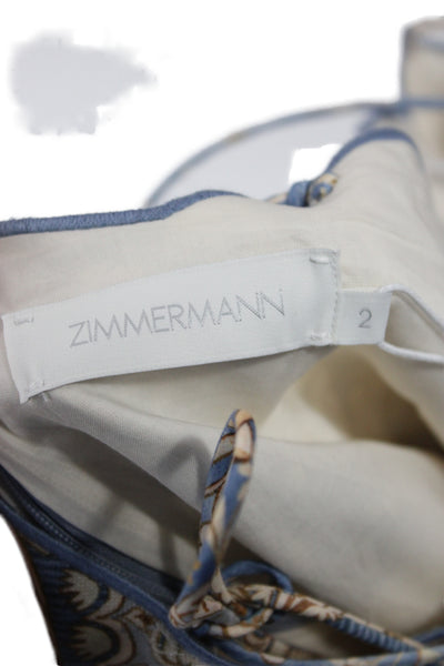 Zimmermann Womens Blue Linen Floral Mini Dress Square Neck Sleeveless Size 2