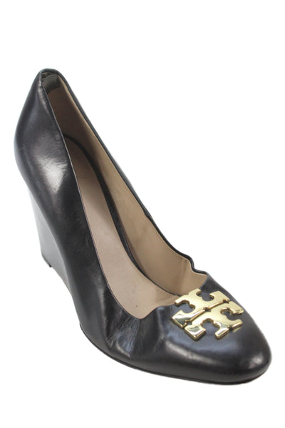 Tory Burch Women's Round Toe Gold Tone Embellish Wedge Heel Shoes Black Size 9.5