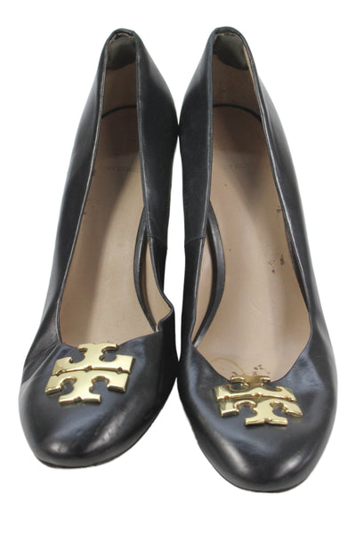 Tory Burch Women's Round Toe Gold Tone Embellish Wedge Heel Shoes Black Size 9.5