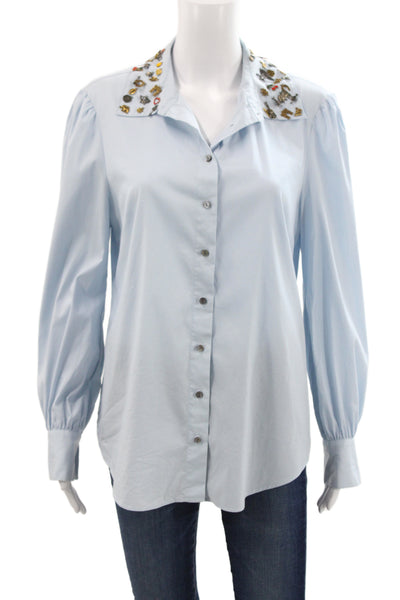 Cinq à Sept Women Blue Collared Cotton Button Long Sleeve Basic Blouse Size L