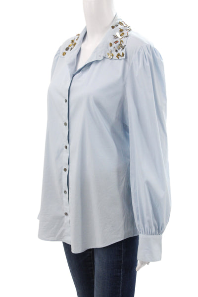 Cinq à Sept Women Blue Collared Cotton Button Long Sleeve Basic Blouse Size L