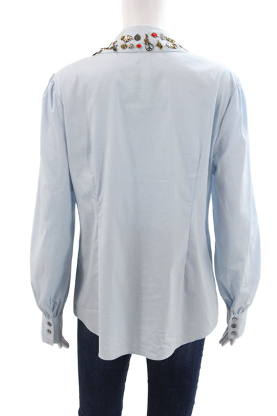 Cinq à Sept Women Blue Collared Cotton Button Long Sleeve Basic Blouse Size L