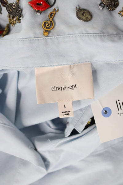 Cinq à Sept Women Blue Collared Cotton Button Long Sleeve Basic Blouse Size L