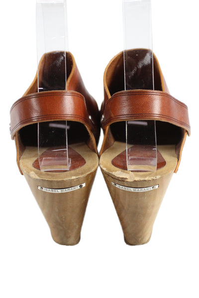 Isabel Marant Womens Leather Slinbacks Wooden Clog Mules Shoes Brown Size 8