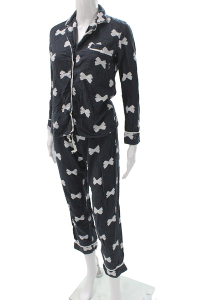 Kate Spade New York Womens Bow Print Pajama Set Navy Blue White Size Extra Small