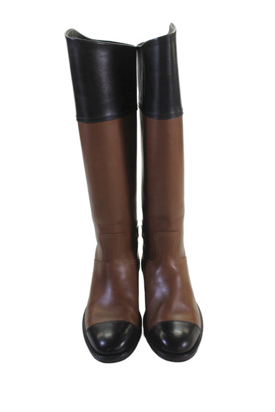 Chanel Womens Leather Cap Toe Knee High Riding Boots Brown Black Size 36.5 6.5