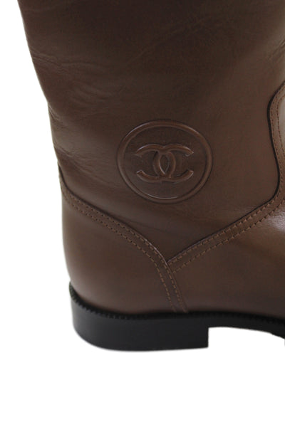 Chanel Womens Leather Cap Toe Knee High Riding Boots Brown Black Size 36.5 6.5