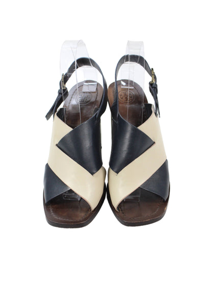 Tory Burch Women's Leather Block Heel Colorblock Slingback Sandals Size 8.5