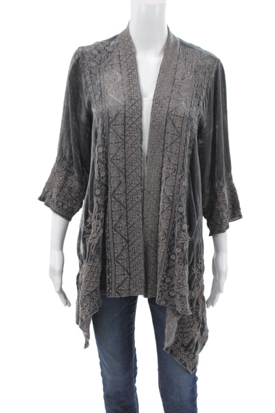 Johnny Was Women Gray Floral V-Neck Bohemian Cardigan Rayon 3/4 Sleeve Size S