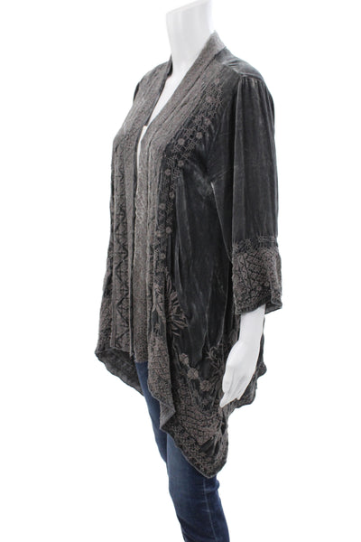Johnny Was Women Gray Floral V-Neck Bohemian Cardigan Rayon 3/4 Sleeve Size S