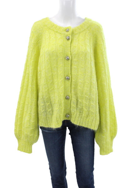 Ganni Womens Yellow Mohair Cardigan Long Sleeve Round Neck Size 3XL