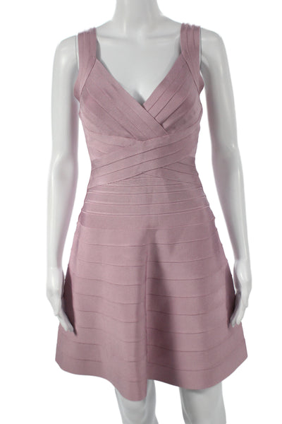 Herve Leger Women Bodycon Dress Pink V-Neck Sleeveless Short Size M