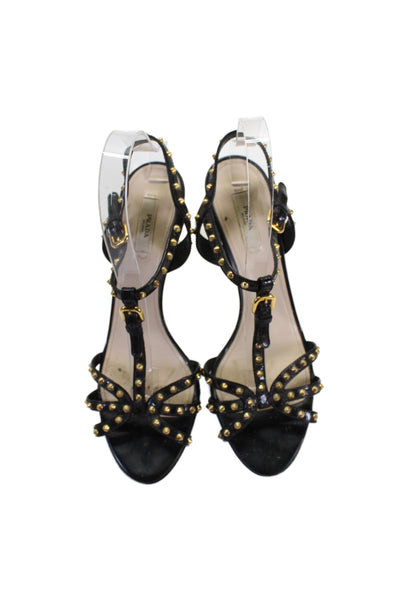 Prada Womens Leather Gold Studded Kitten Heel Sandals Black Size 9.5