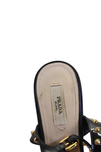 Prada Womens Leather Gold Studded Kitten Heel Sandals Black Size 9.5