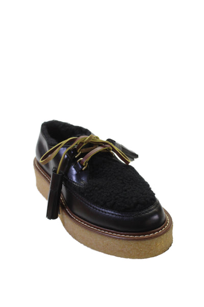 Tods Womens Leather Lace Up Shearling Platform Loafers Black Size 37 7