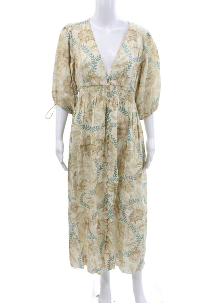 Zimmermann Women Maxi Dress Beige Linen Floral V-Neck 3/4 Sleeve Size 3