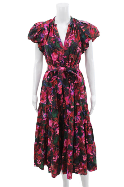 Ulla Johnson Women Maxi Dress Multicolor Floral V-Neck Tie Waist Cotton Size 6