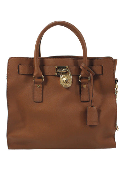 Michael Michael Kors Womens Leather Gold Tone Padlock Shoulder Handbag Brown