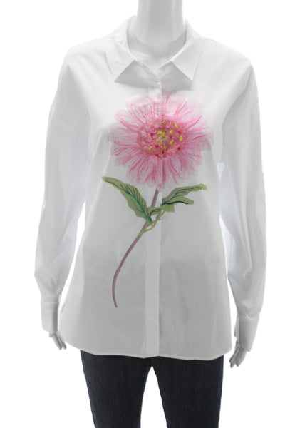 Renuar Womens White Floral Collared Button-Up Long Sleeve Top Size M