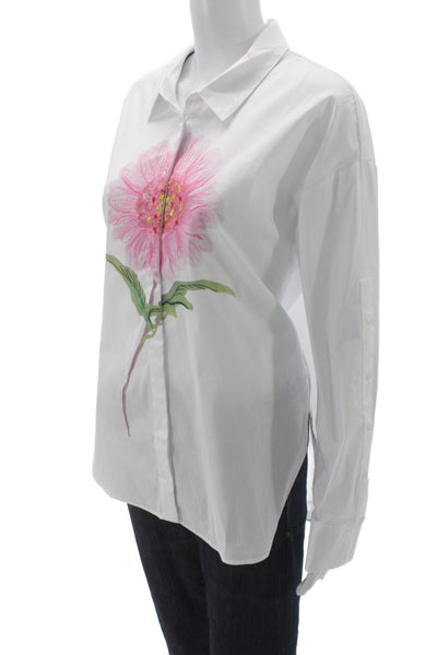 Renuar Womens White Floral Collared Button-Up Long Sleeve Top Size M