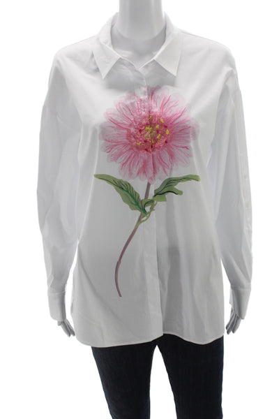 Renuar Womens Collared Floral Button Long Sleeve Blouse White Cotton Size M