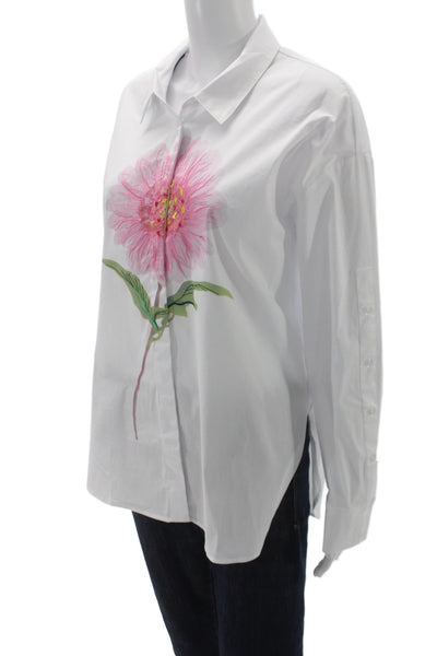 Renuar Womens Collared Floral Button Long Sleeve Blouse White Cotton Size M