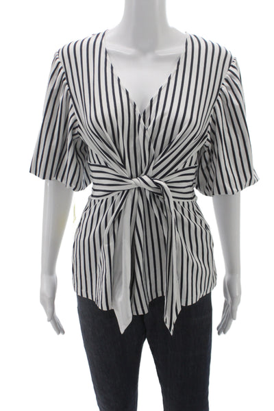 Hinson Wu Women Striped V-Neck Jersey Blouse Short-Sleeve Black Size XS