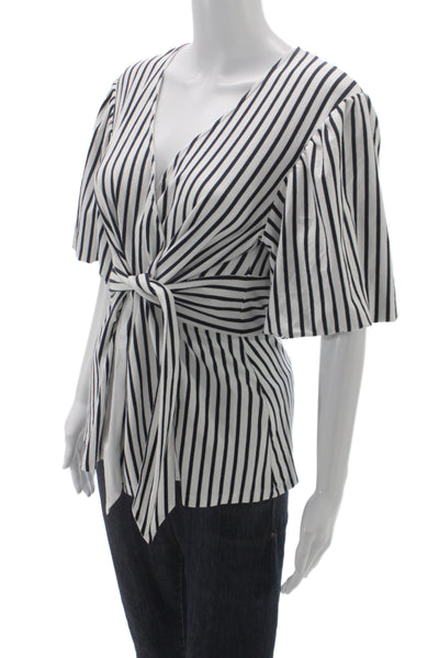 Hinson Wu Women Striped V-Neck Jersey Blouse Short-Sleeve Black Size XS
