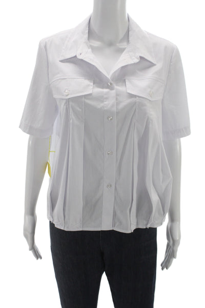 Renuar Womens Basic Collared Button Short Sleeve Blouse White Cotton Size M