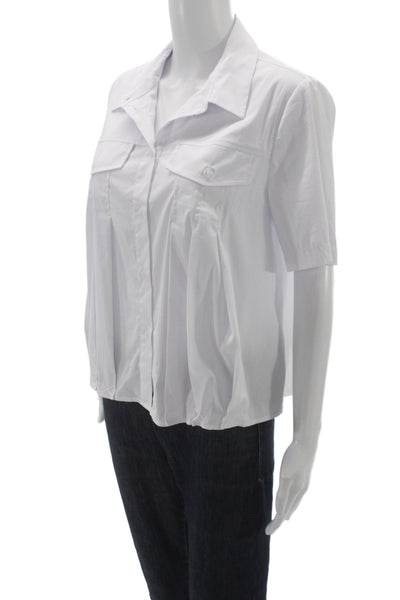 Renuar Womens Basic Collared Button Short Sleeve Blouse White Cotton Size M