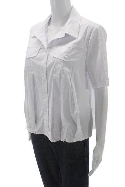 Renuar Womens Basic Collared Button Short Sleeve Blouse White Cotton Size M