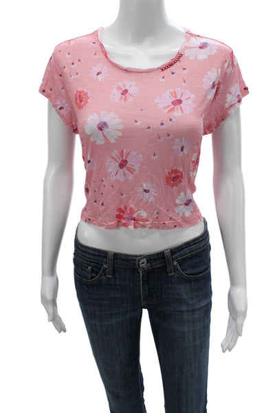 Love Shack Fancy Women Cropped Floral Pink Short Sleeve T-Shirt Size M