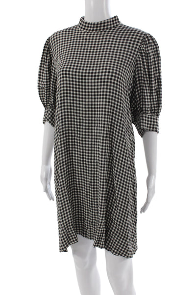 Ganni Women Shift Dress Black Gingham Mock Neck Half Sleeve Knee Length Size 42