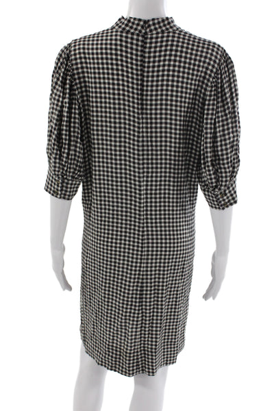 Ganni Women Shift Dress Black Gingham Mock Neck Half Sleeve Knee Length Size 42