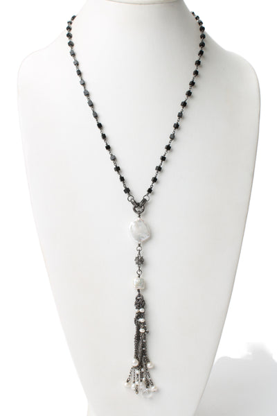 Designer Womens 925 Silver Onyx+Pearl+Rock Crystal Tassel Necklace 30" 46.4g