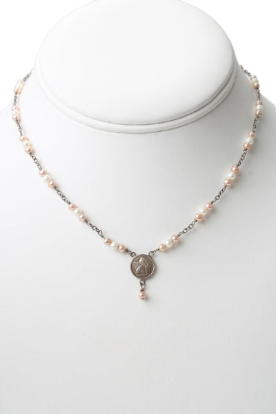 Designer Womens 925 Silver Pink/White Pearl Cherub Pendant Necklace 14" 5.4g