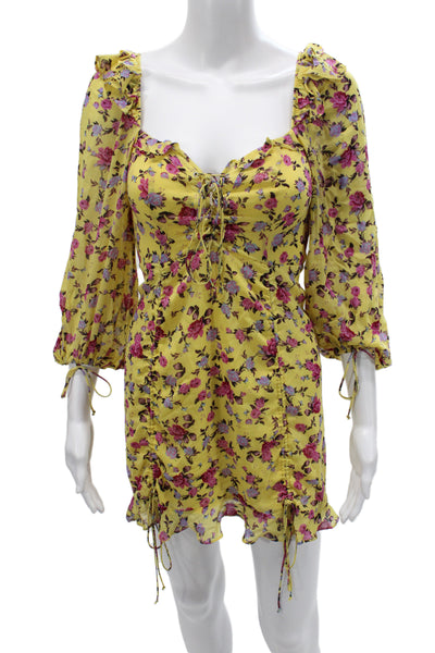 For Love & Lemons Women Mini Floral Silk SquareNeck 3/4 Sleeve Zip Dress Size S